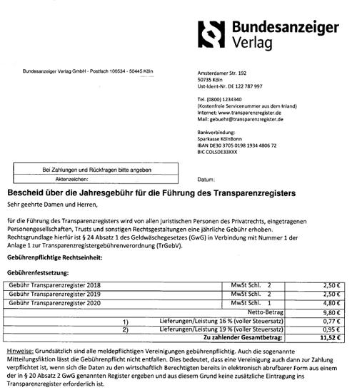 Rechnung vom Transparenzregister Landesverband Thüringen der